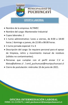 OFERTA LABORAL: MANTENEDOR INDUSTRIAL