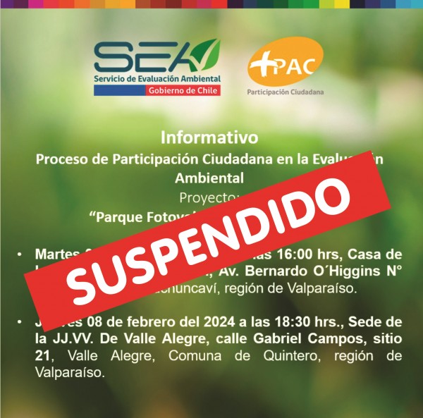 SE SUSPENDEN JORNADAS DE PARTICIPACIÓN CIUDADANA DE PARQUE FOTOVOLTAICO