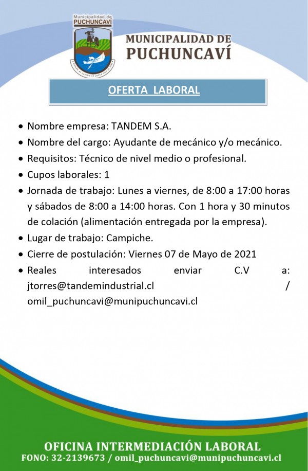 OFERTA LABORAL: AYUDANTE MECÁNICO Y/O MECÁNICO