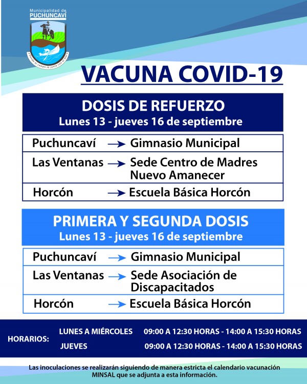 VACUNACIÓN COVID 19, SEMANA 13 AL 16 DE SEPTIEMBRE
