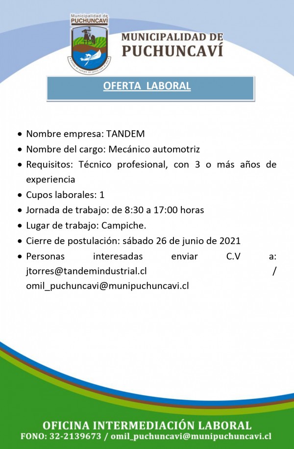 OFERTA LABORAL: MECÁNICO AUTOMOTRIZ