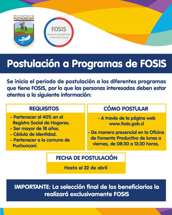 HASTA EL VIERNES 22 DE ABRIL PODRÁN POSTULAR A PROGRAMAS DE FOSIS