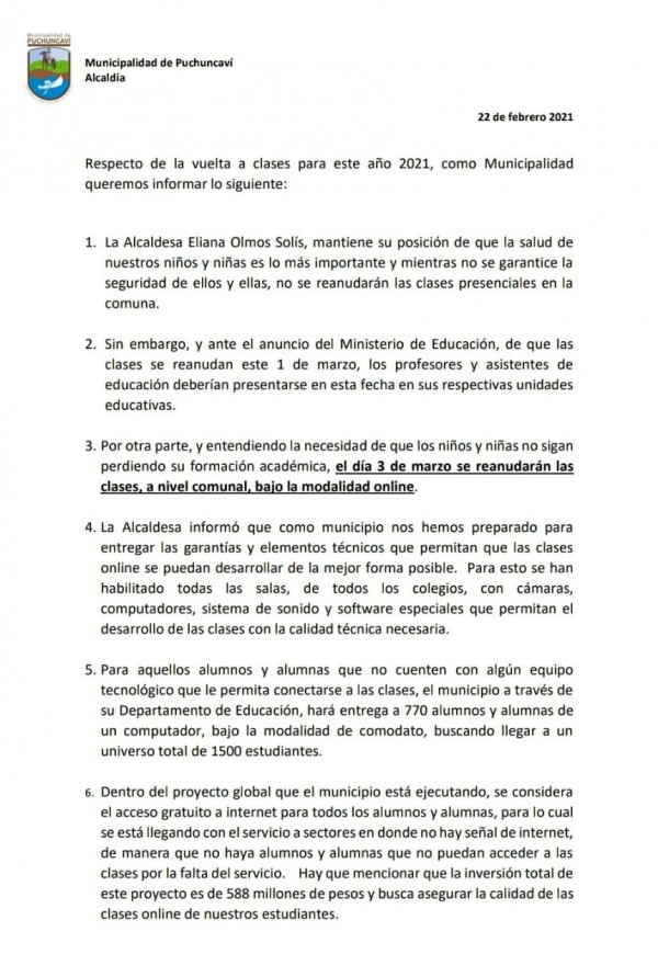 COMUNICADO OFICIAL: INICIO AÑO ESCOLAR 2021