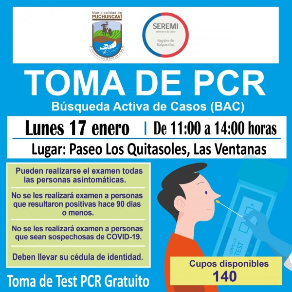 OPERATIVOS DE TOMA DE PCR SE REALIZARÁN EN LA COMUNA